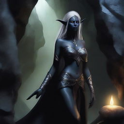 Create an image featuring a female dark elf in a mystical cave