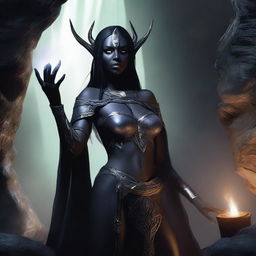 Create an image featuring a female dark elf in a mystical cave