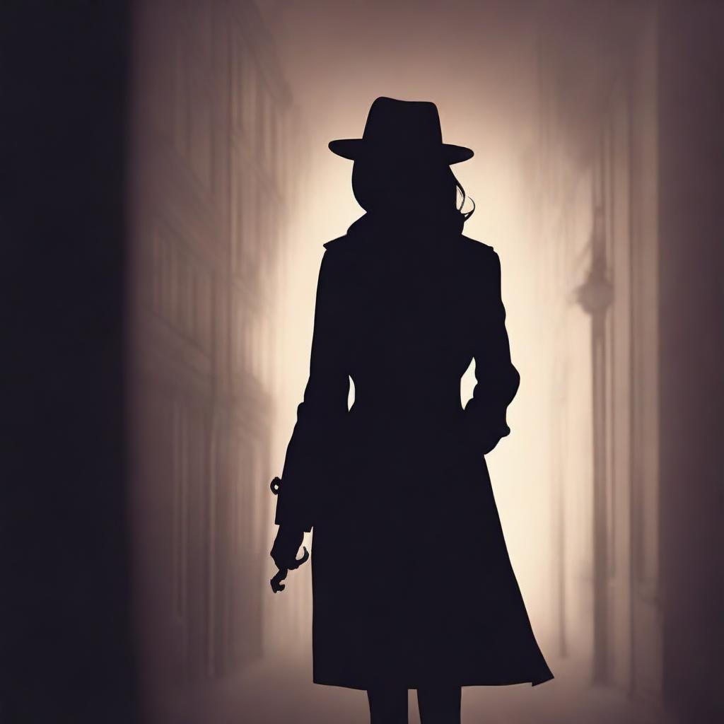 Create a book cover featuring the back of a mysterious detective girl