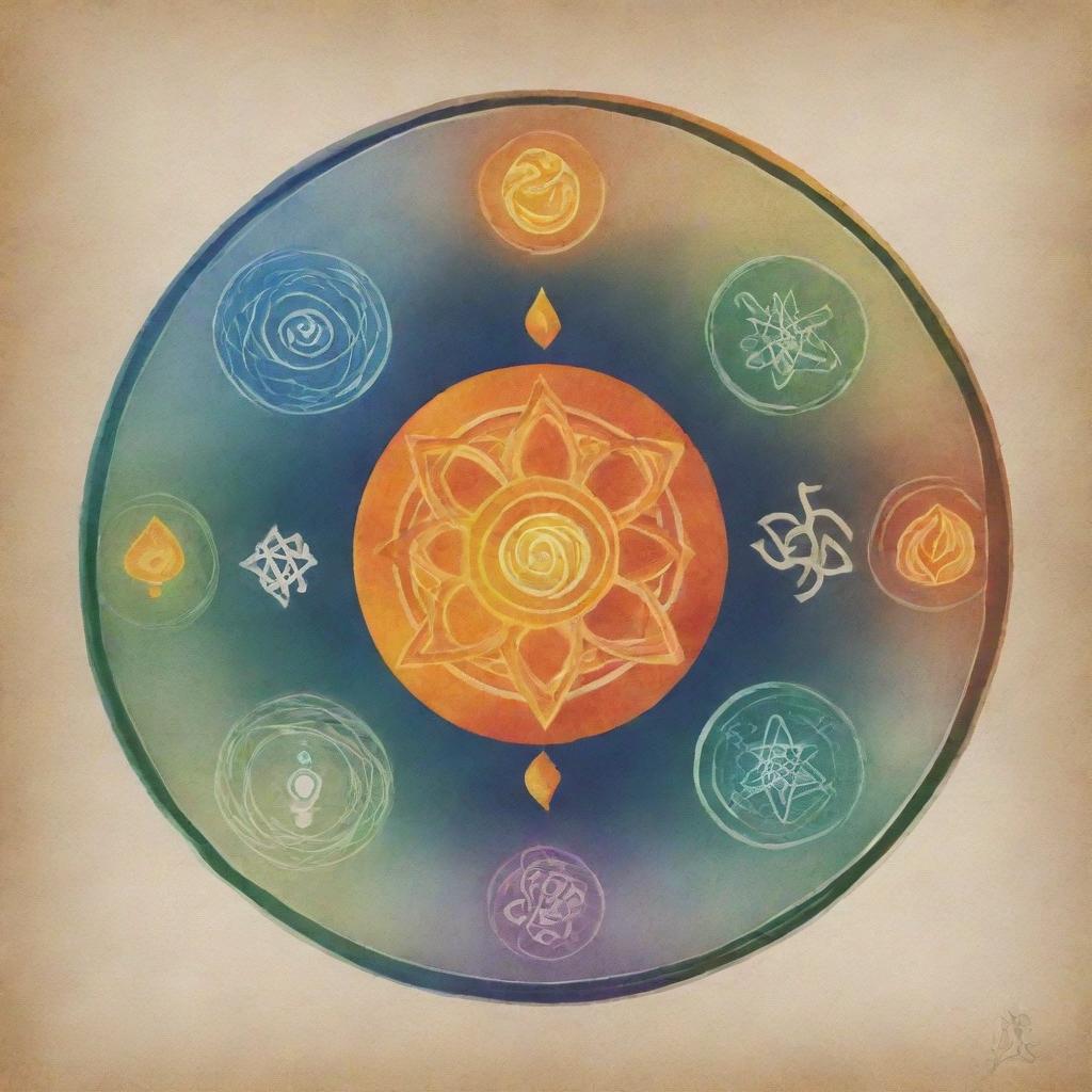 Revise the serene poster for a spiritual retreat, ensuring the five elements - Earth, Water, Fire, Ether, and Air - are distinctly and harmoniously represented, each with unique symbols and colors.