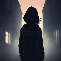 Create a book cover featuring the back of a mysterious 18-year-old detective girl