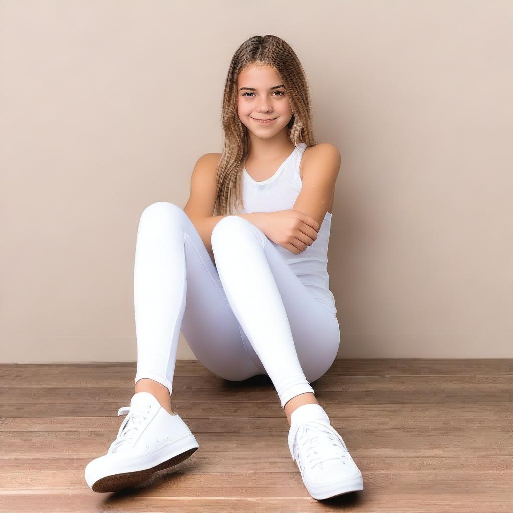 A teenage girl wearing white leggings is sitting down with her legs apart