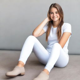 A teenage girl wearing white leggings is sitting down with her legs apart