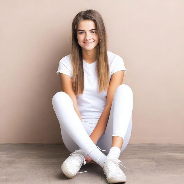 A teenage girl wearing white leggings is sitting down with her legs apart