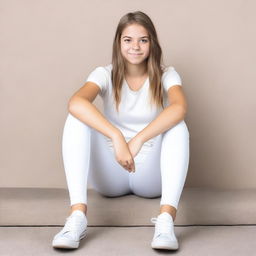 A teenage girl wearing white leggings is sitting down with her legs apart