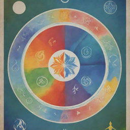 Revise the serene poster for a spiritual retreat, ensuring the five elements - Earth, Water, Fire, Ether, and Air - are distinctly and harmoniously represented, each with unique symbols and colors.