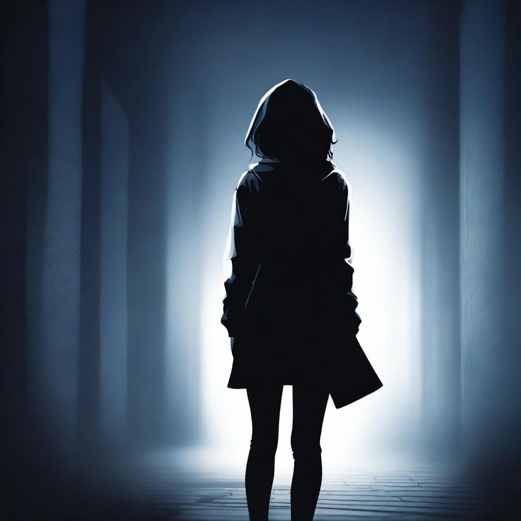 Create a book cover featuring the back of a mysterious 18-year-old detective girl