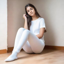 A teenage girl wearing white leggings is sitting down with her legs apart