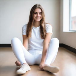 A teenage girl wearing white leggings is sitting down with her legs apart