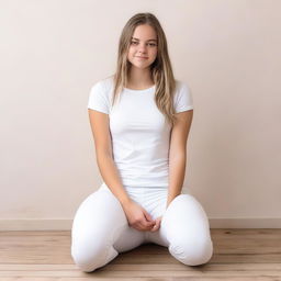 A teenage girl wearing white leggings is sitting down with her legs apart