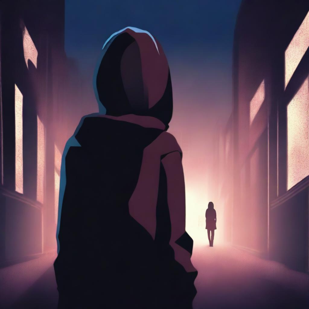 Create a book cover featuring the back of a mysterious 18-year-old detective girl