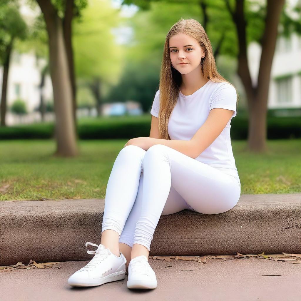 A teenage girl wearing white leggings, sitting down with her legs apart