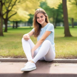 A teenage girl wearing white leggings, sitting down with her legs apart