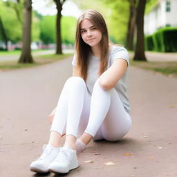 A teenage girl wearing white leggings, sitting down with her legs apart