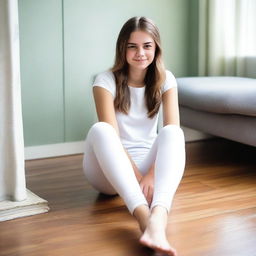 A teenage girl wearing white leggings, sitting down with her legs apart