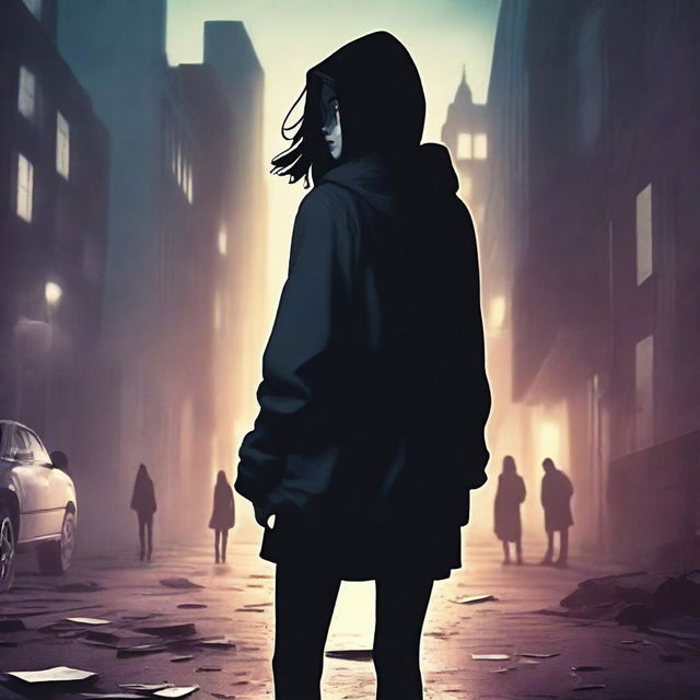 Create a book cover featuring the back of a mysterious 18-year-old detective girl