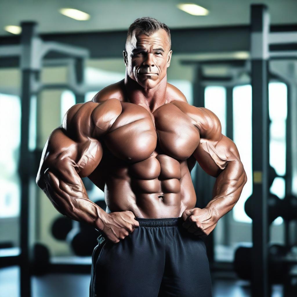 A highly detailed image of a bodybuilder showing off their muscles in a gym setting