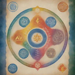 Revise the serene poster for a spiritual retreat, ensuring the five elements - Earth, Water, Fire, Ether, and Air - are distinctly and harmoniously represented, each with unique symbols and colors.