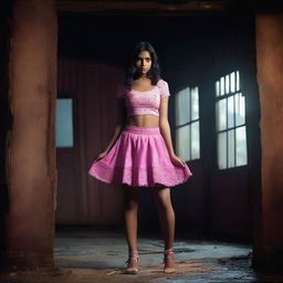 A full-body portrait of a beautiful Indian girl wearing a pink skirt and stockings, posed in a seductive manner