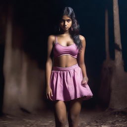 A full-body portrait of a beautiful Indian girl wearing a pink skirt and stockings, posed in a seductive manner