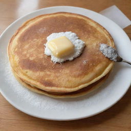 A fluffy, golden-brown pancake on a plate, garnished with a sprinkle of powdered sugar and a pat of melting butter, next to a one-dollar bill for size comparison.