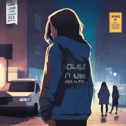 Create a book cover featuring the back of a mysterious 18-year-old detective girl who is a college student