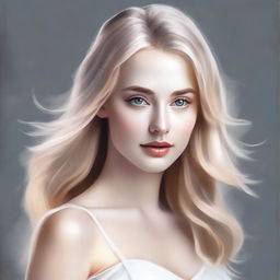 A short young woman with long blond hair, wearing a thin white dress that accentuates her curves