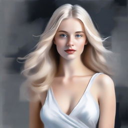 A short young woman with long blond hair, wearing a thin white dress that accentuates her curves