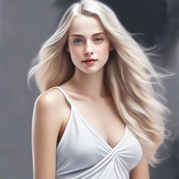 A short young woman with long blond hair, wearing a thin white dress that accentuates her curves