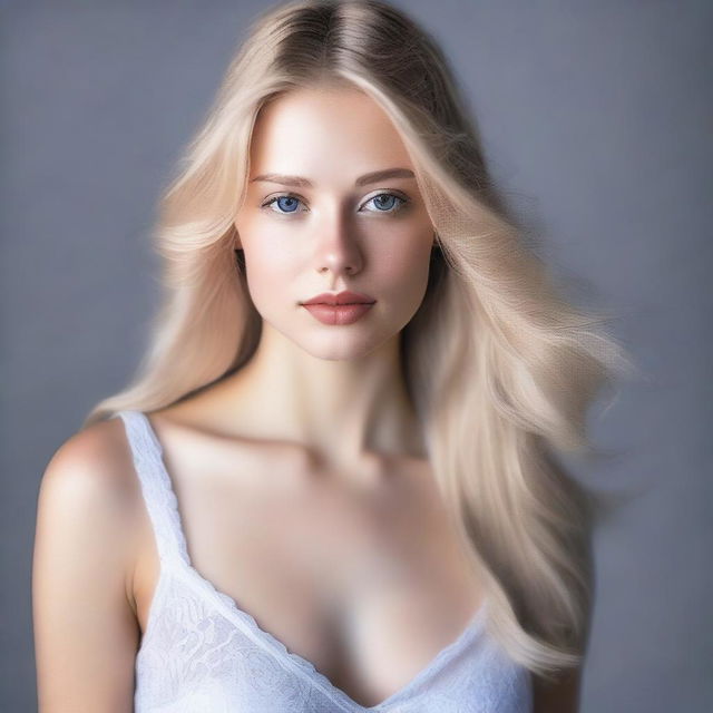 A short young woman with long blond hair, wearing a thin white dress that accentuates her curves