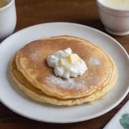 A fluffy, golden-brown pancake on a plate, garnished with a sprinkle of powdered sugar and a pat of melting butter, next to a one-dollar bill for size comparison.