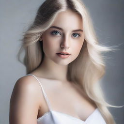 A short young woman with long blond hair, wearing a thin white dress that accentuates her curves