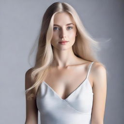 A short young woman with long blond hair, wearing a thin white dress that accentuates her curves