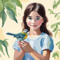 Create a gouache painting of a girl holding a bird in her fist