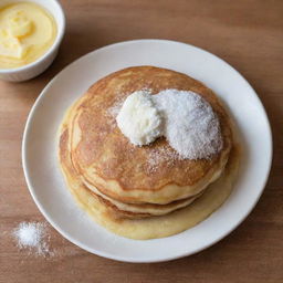 A fluffy, golden-brown pancake on a plate, garnished with a sprinkle of powdered sugar and a pat of melting butter, next to a one-dollar bill for size comparison.