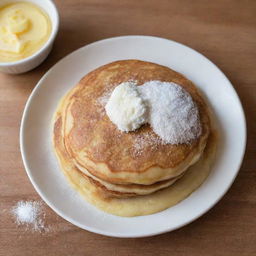 A fluffy, golden-brown pancake on a plate, garnished with a sprinkle of powdered sugar and a pat of melting butter, next to a one-dollar bill for size comparison.