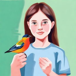 Create a gouache painting of a girl holding a bird in her fist