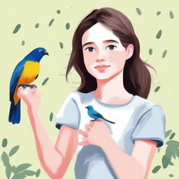 Create a gouache painting of a girl holding a bird in her fist