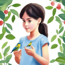 Create a gouache painting of a girl holding a bird in her fist