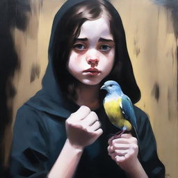 Create a dark gouache painting of a girl with white eyes squeezing a bird in her fist