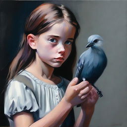 Create a dark gouache painting of a girl with white eyes squeezing a bird in her fist