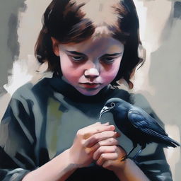 Create a dark gouache painting of a girl with white eyes squeezing a bird in her fist