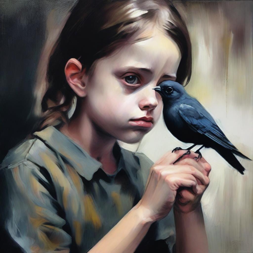 Create a dark gouache painting of a girl with white eyes squeezing a bird in her fist