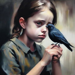 Create a dark gouache painting of a girl with white eyes squeezing a bird in her fist