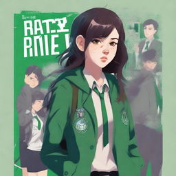 Create a book cover featuring the side view of a mysterious 18-year-old detective girl who is a college student