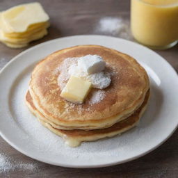 A fluffy, golden-brown pancake on a plate, garnished with a sprinkle of powdered sugar and a pat of melting butter, next to a one-dollar bill for size comparison.