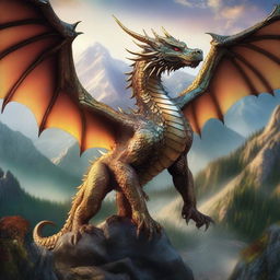 A majestic dragon with shimmering scales, large wings, and fierce eyes, soaring over a fantasy landscape with mountains and forests in the background