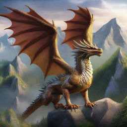 A majestic dragon with shimmering scales, large wings, and fierce eyes, soaring over a fantasy landscape with mountains and forests in the background