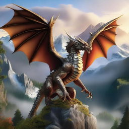 A majestic dragon with shimmering scales, large wings, and fierce eyes, soaring over a fantasy landscape with mountains and forests in the background