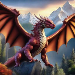 A majestic dragon with shimmering scales, large wings, and fierce eyes, soaring over a fantasy landscape with mountains and forests in the background